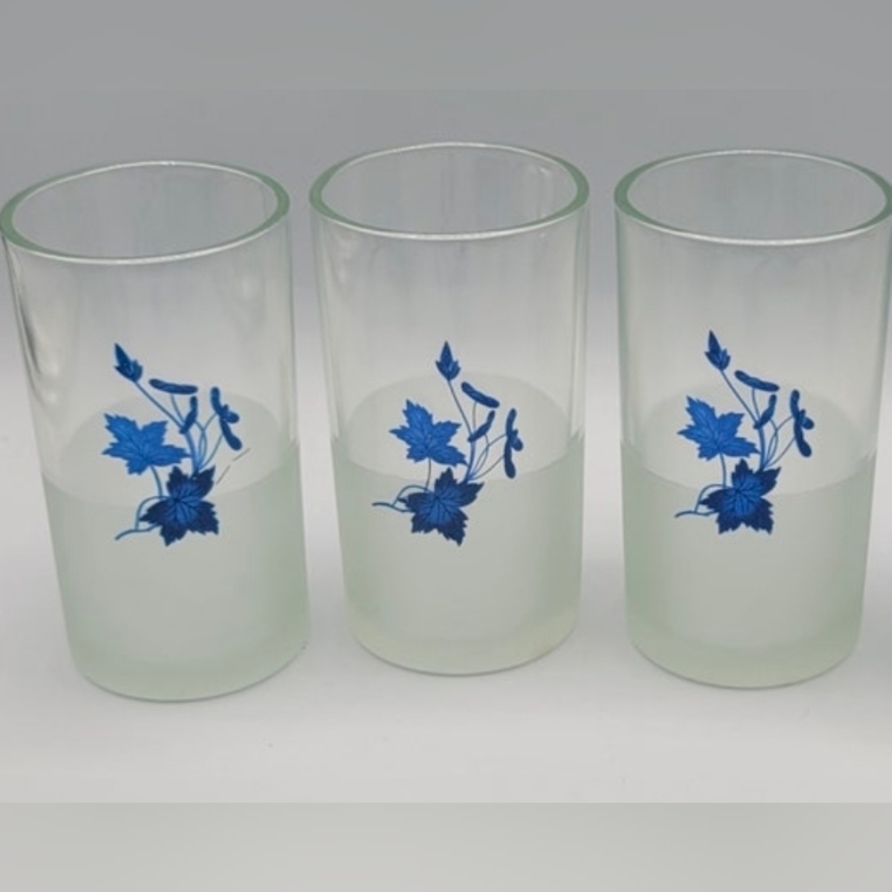 Set of 3 Vintage Glasses Cerve Floral blue frosted Japanese Sake Barware